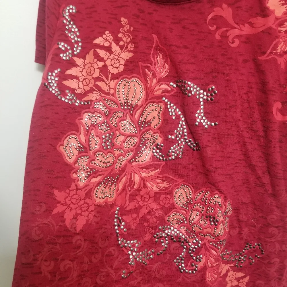Stunning red semi sheer bedazzled floral red shirt - Picture 2 of 4